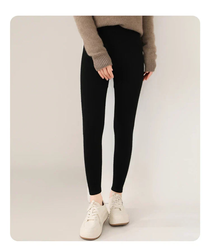 High waist cashmere women's leggings, fine knit, soft & cozy for flexible winter lounge wear.