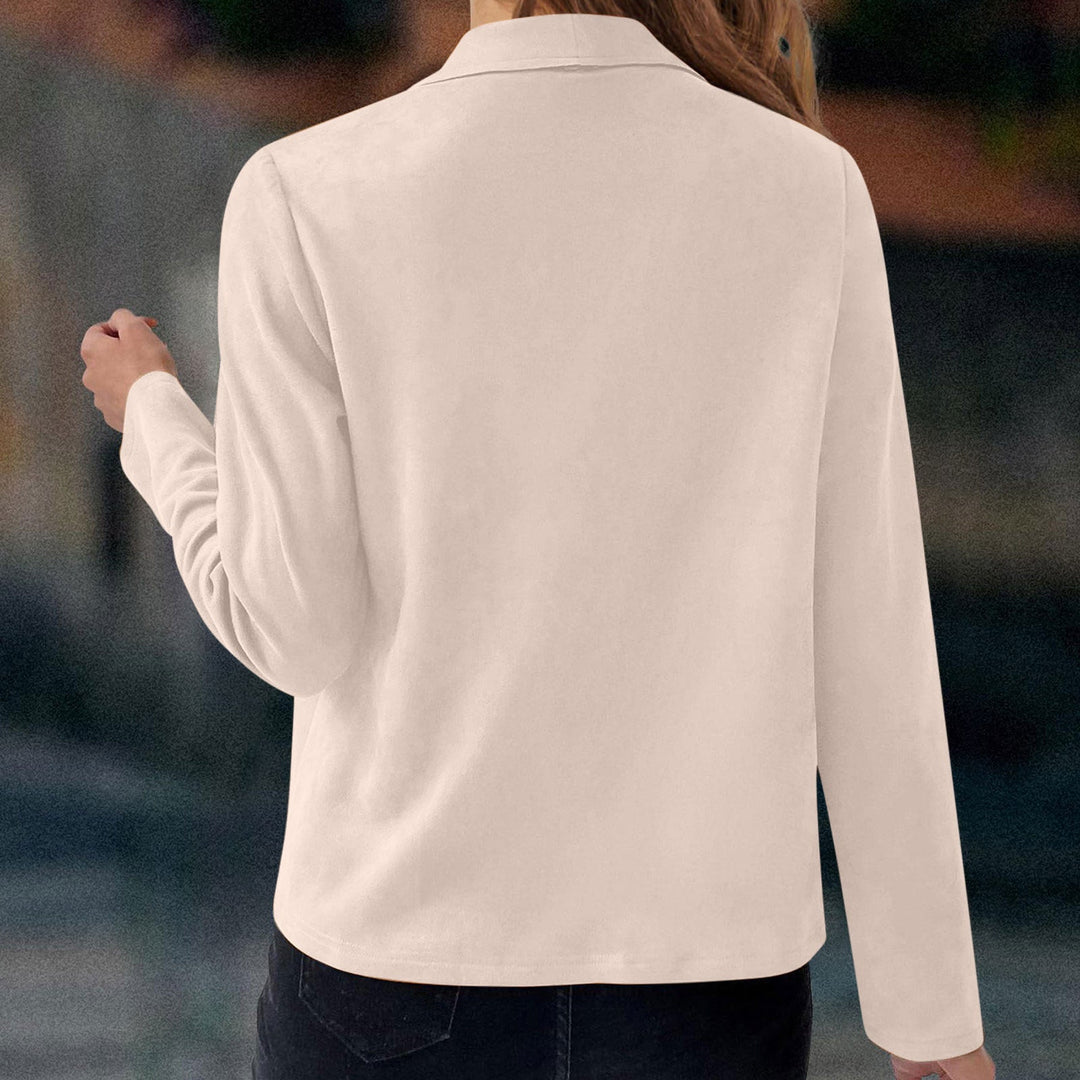 Elegant women's jacket featuring a flattering waterfall drape & chic zipper details. Perfect for layering.