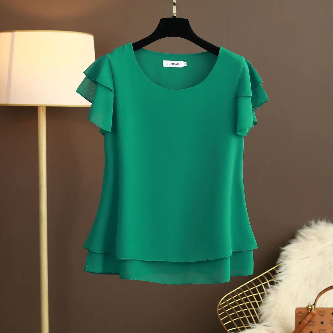 Elegant yet casual women's O-neck short sleeve blouse, a versatile top for spring fashion.