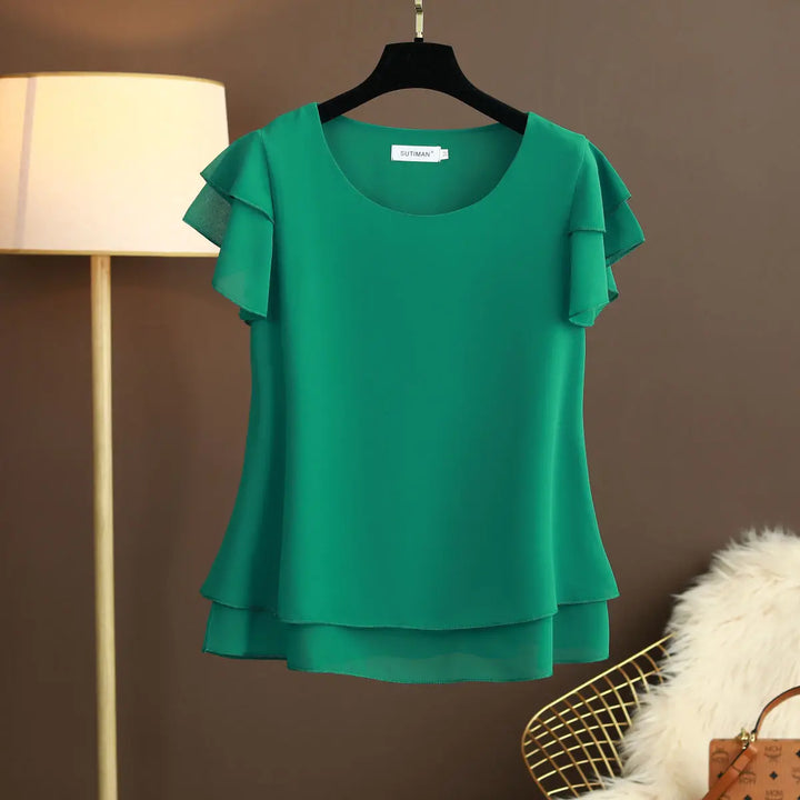 Elegant yet casual women's O-neck short sleeve blouse, a versatile top for spring fashion.