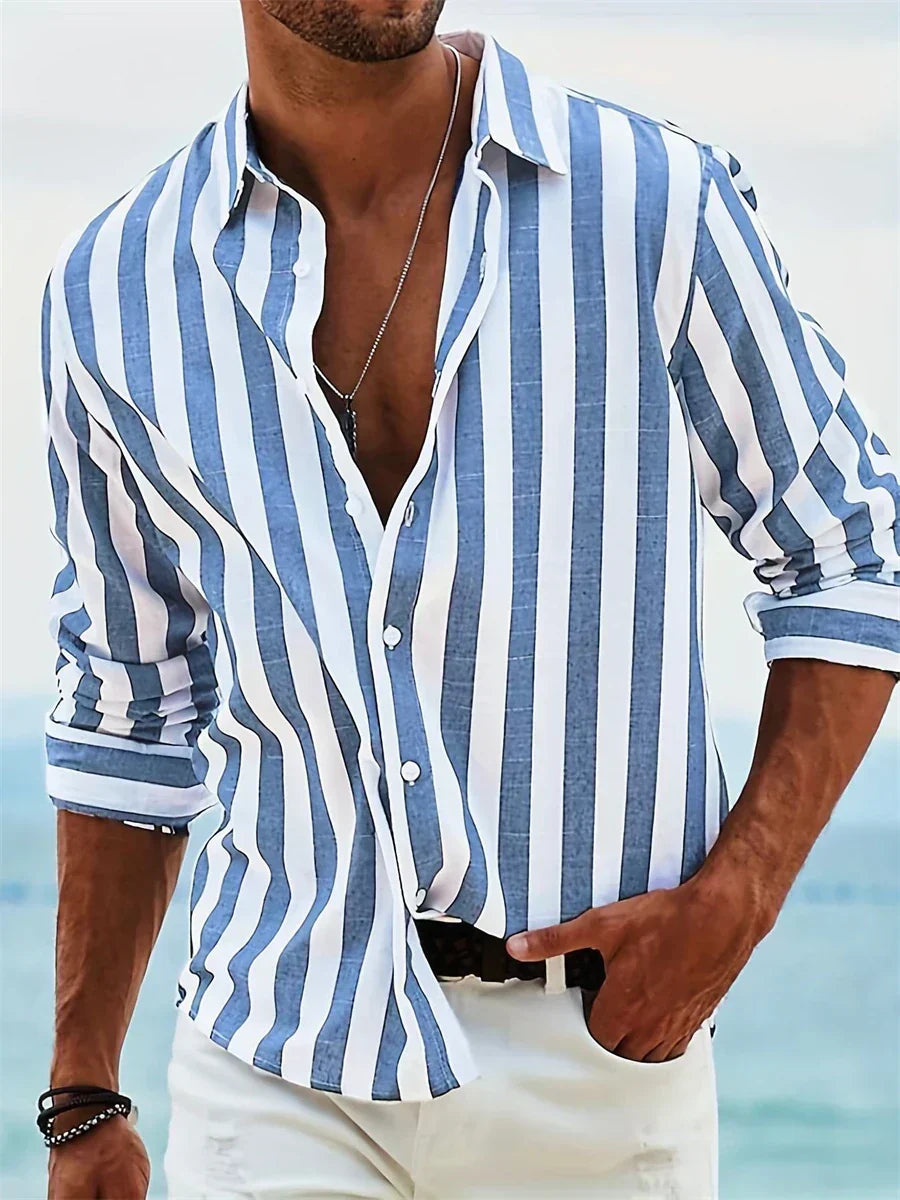 Men's striped button-down casual shirt, perfect for summer fashion, beach style & vacation wear.