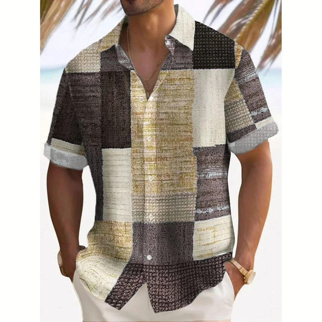 Men's vintage patchwork summer shirt, relaxed fit. Colorful short sleeve button-up for casual beach wear.