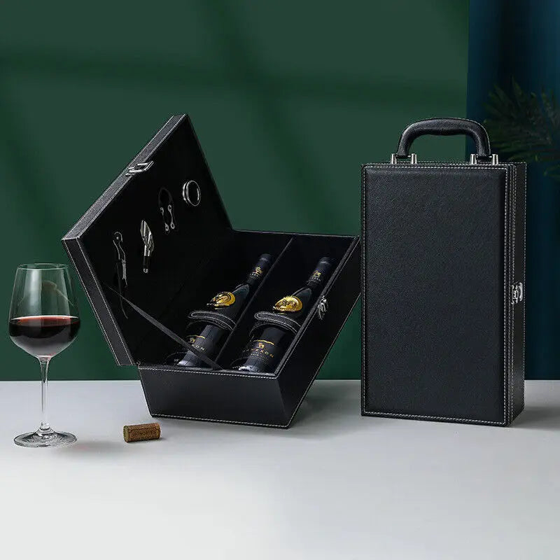 Wine carrier case with corkscrew, stopper & pourer, essential accessories for wine enthusiasts.