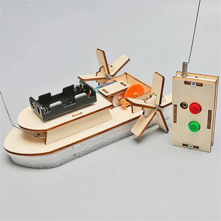 Kid's educational wooden electric toy boat building kit for DIY STEM learning & craft.