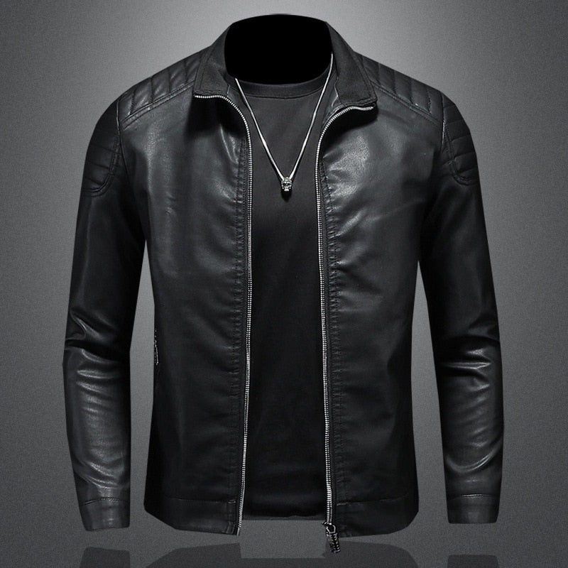Fashionable men's outerwear: slim-fit biker jacket with quilted shoulders, perfect for urban style.