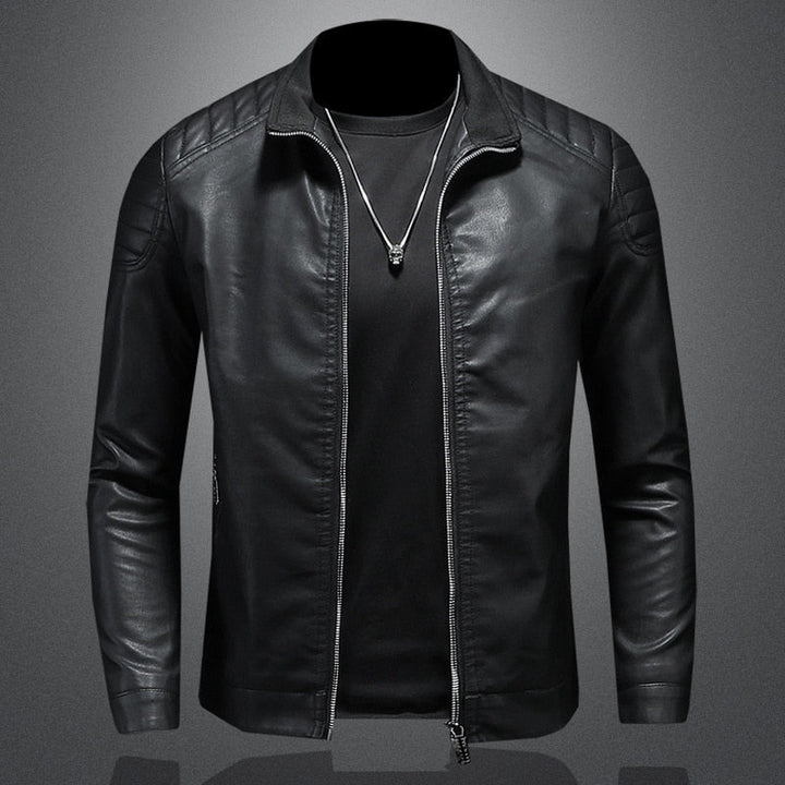 Fashionable men's outerwear: slim-fit biker jacket with quilted shoulders, perfect for urban style.