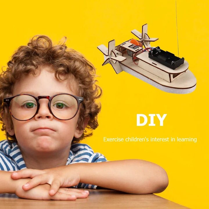Children excitedly building a functional wooden electric toy boat with an educational DIY kit.