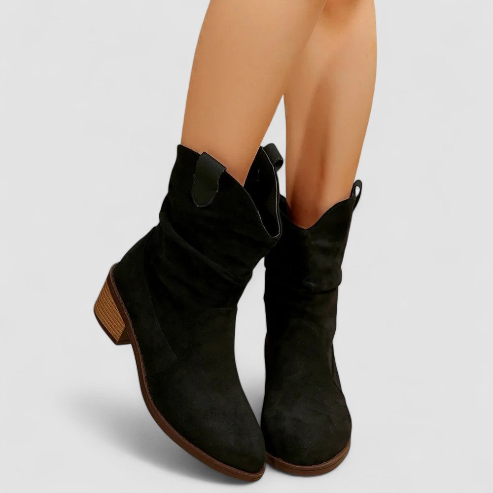 Chic women's mid-calf boots for autumn/winter, with pull tabs, low block heel, and versatile rounded toe.