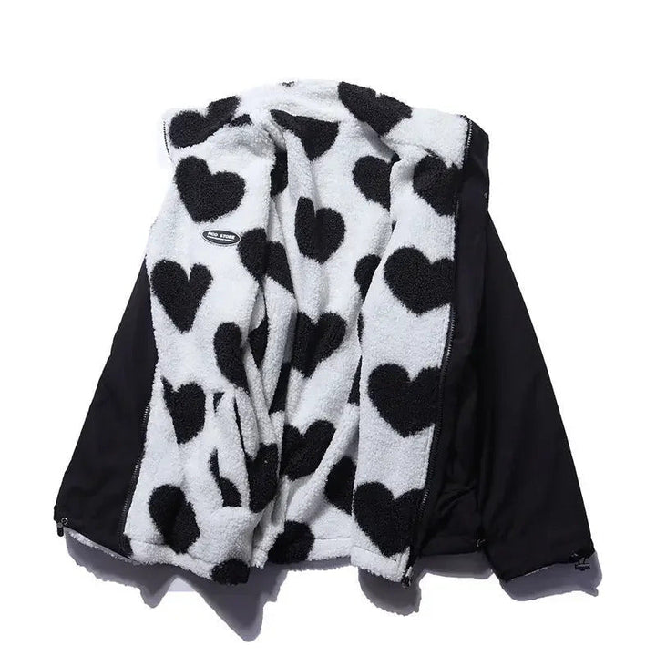 Elegant women's reversible jacket with charming heart detail. Two-in-one style for versatile fashion.