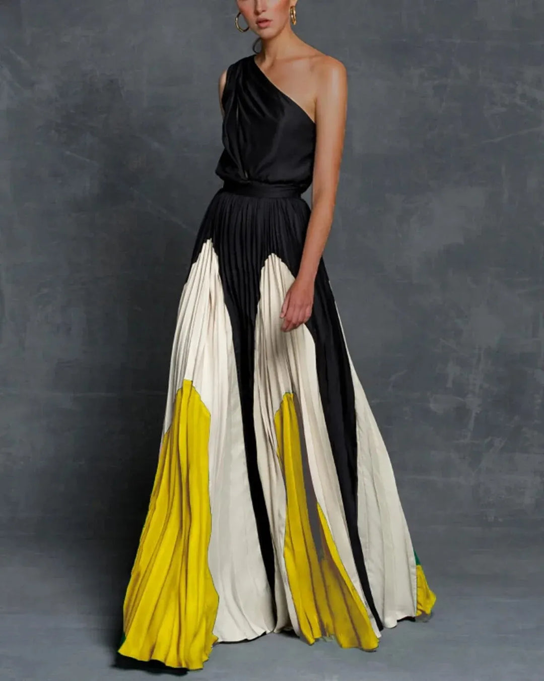 Elegant women's one-shoulder pleated maxi wedding guest dress, floor-length for special occasions.