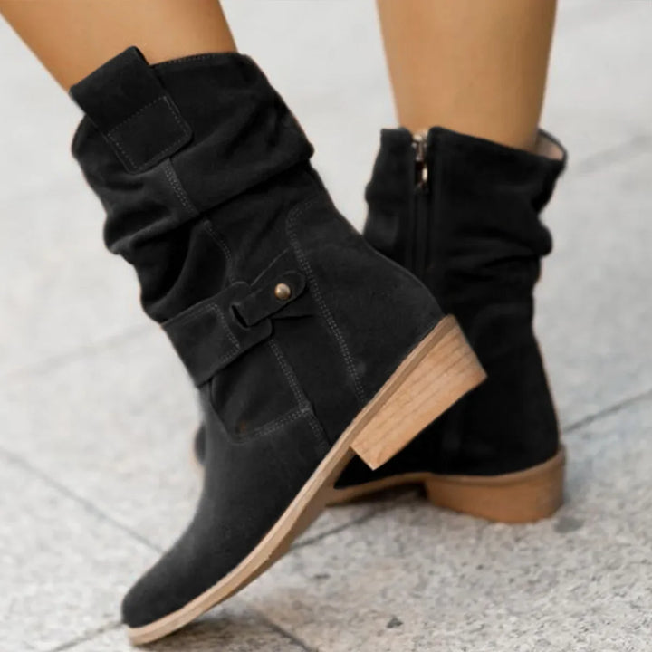 Comfortable women's zipper ankle boots. Flat design with round toe and block heel for cozy winter footwear.