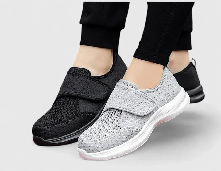 Adjustable women's orthopaedic comfort shoes, black, featuring non-slip sole & arch support for active wear.