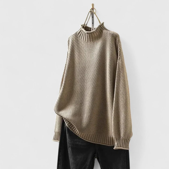 Versatile women's textured mock neck jumper, a cozy long sleeve sweater for fall & winter everyday wear.