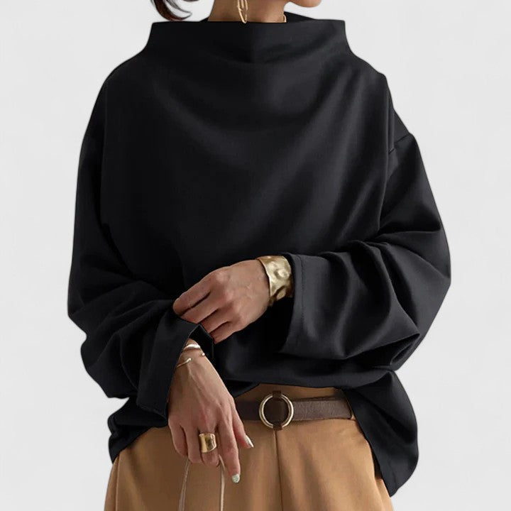 Comfortable long sleeve high neck women's top, a versatile and elegant piece for modern fashion and apparel.