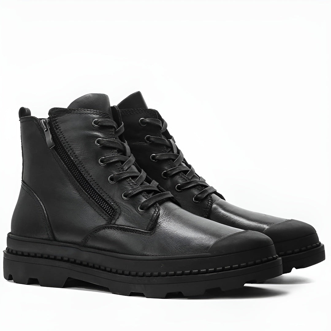 Rugged men's vintage leather combat boots, perfect for casual wear. Sturdy lace & zip design.