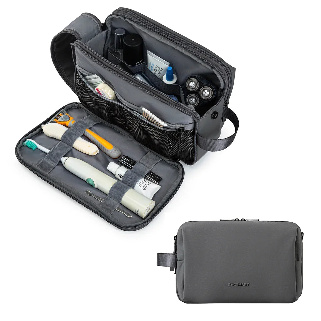 Portable unisex toiletry bag with a compact design, featuring strong zips and water-resistant for travel.