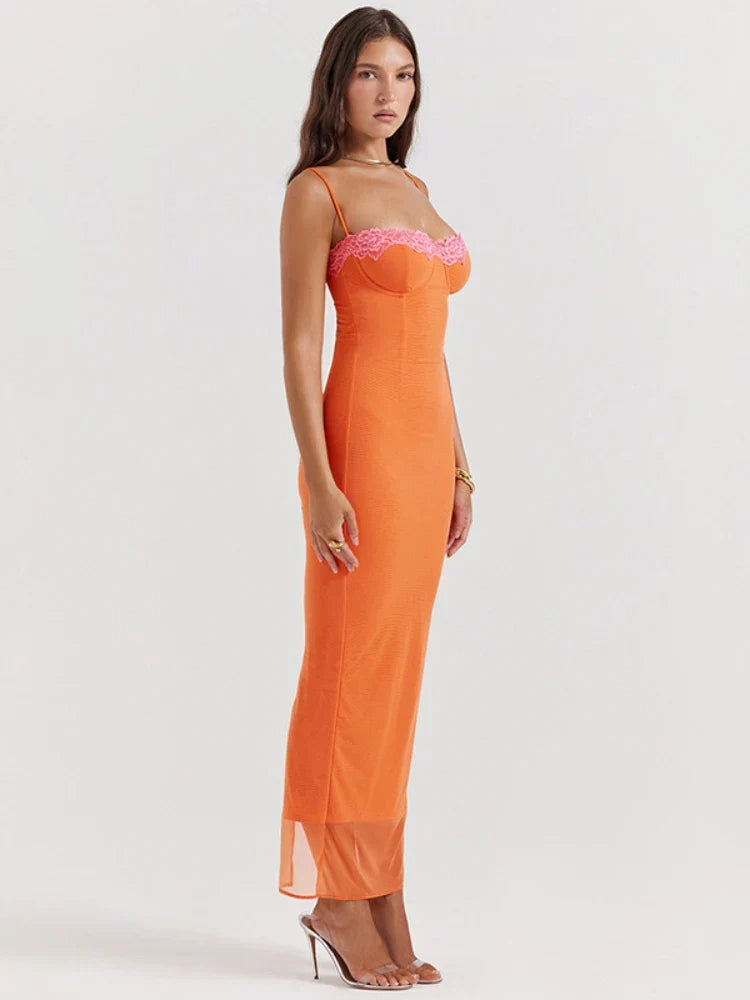 Stylish orange maxi dress for women, sleeveless with a flattering V-neck, suitable for formal events & holidays.