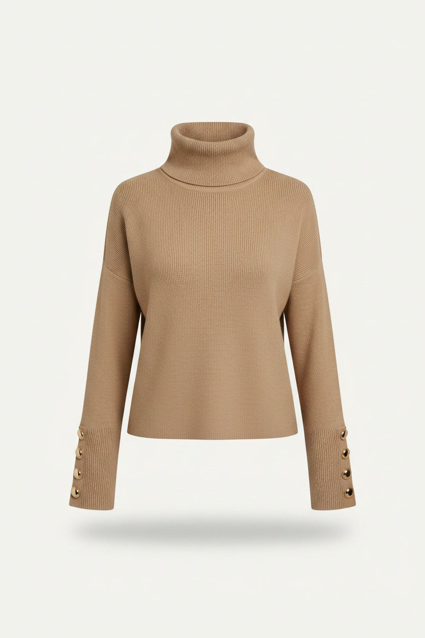 Chic women's long-sleeve turtleneck sweater, ribbed knit with unique button detail. Ideal for fall & winter.