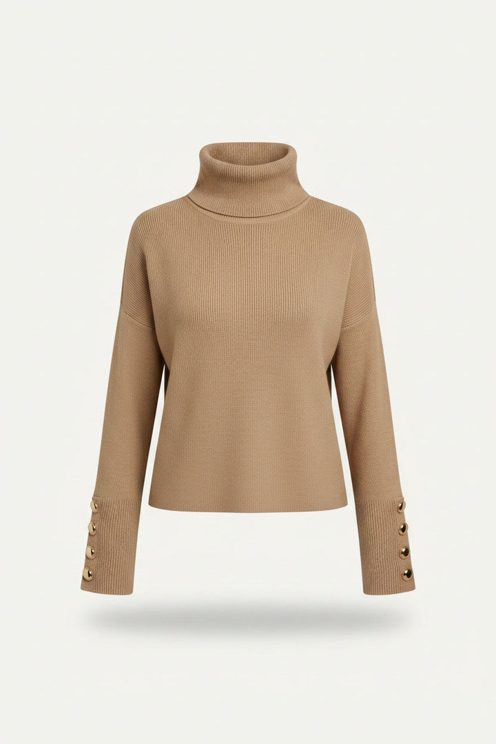 Chic women's long-sleeve turtleneck sweater, ribbed knit with unique button detail. Ideal for fall & winter.
