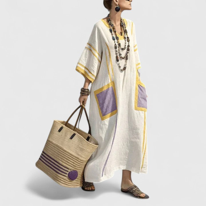 V-neck bohemian maxi dress, a flowy and elegant summer long dress for women's holidays.