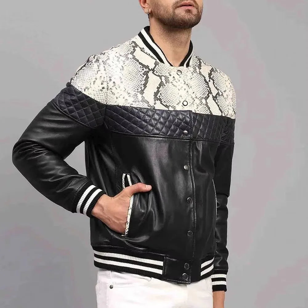 Close-up of black slim fit bomber jacket, featuring stand collar details & quality fabric for men's winter outerwear.