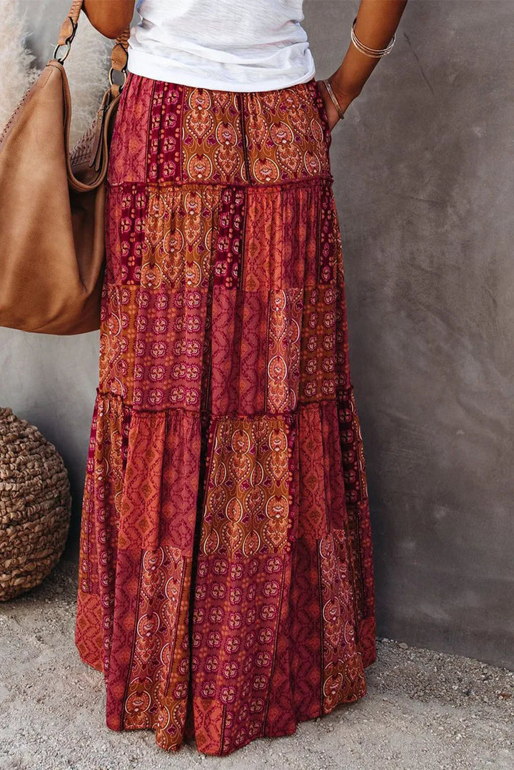 Spring fashion essential: women's high-waisted floral A-line maxi skirt.