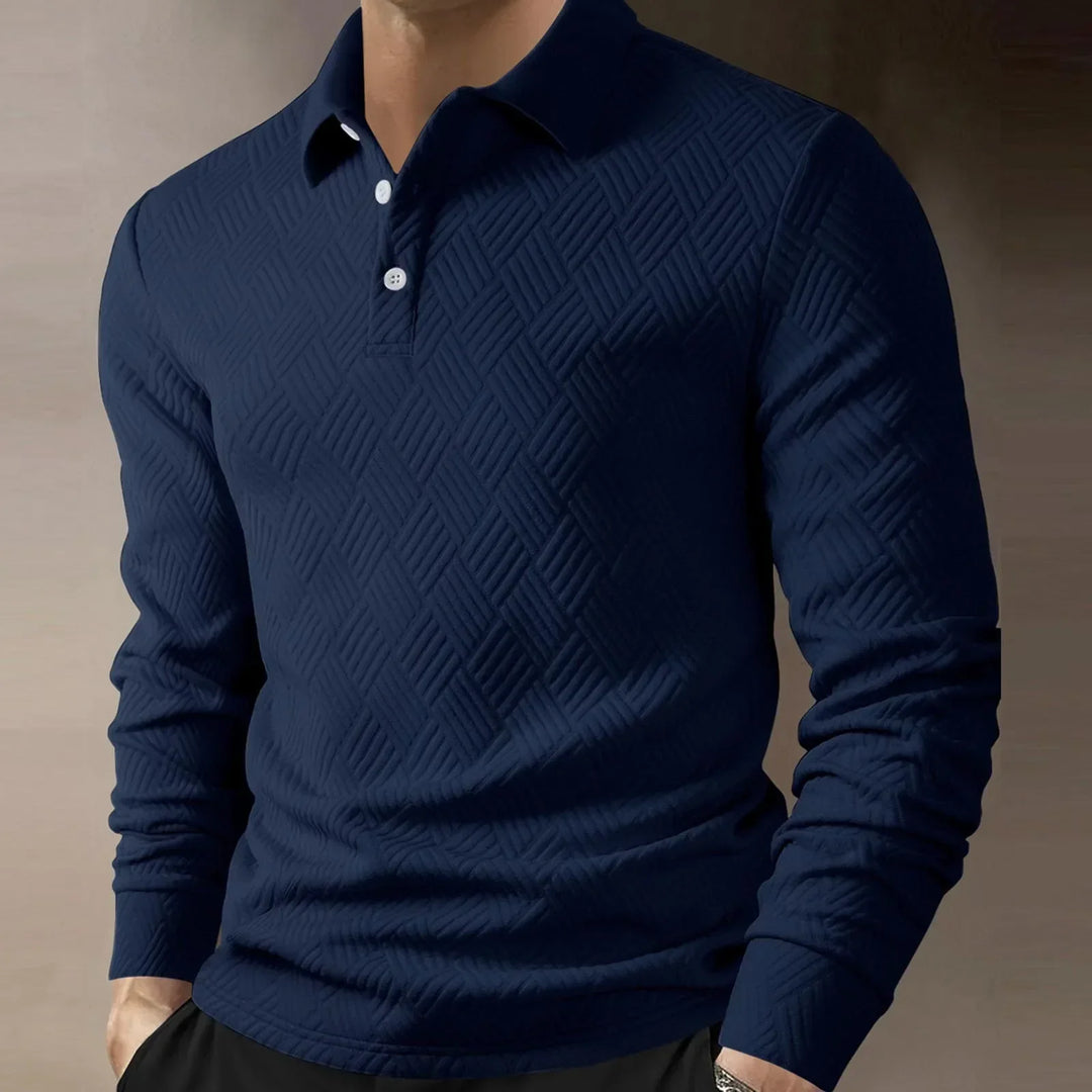 Fashionable men's long sleeve polo with button collar and distinctive textured knit for a modern look.