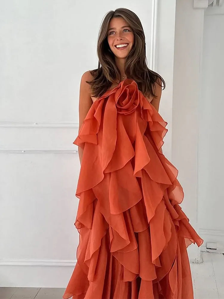 Women's floral layered ruffle maxi dress for effortless summer elegance.