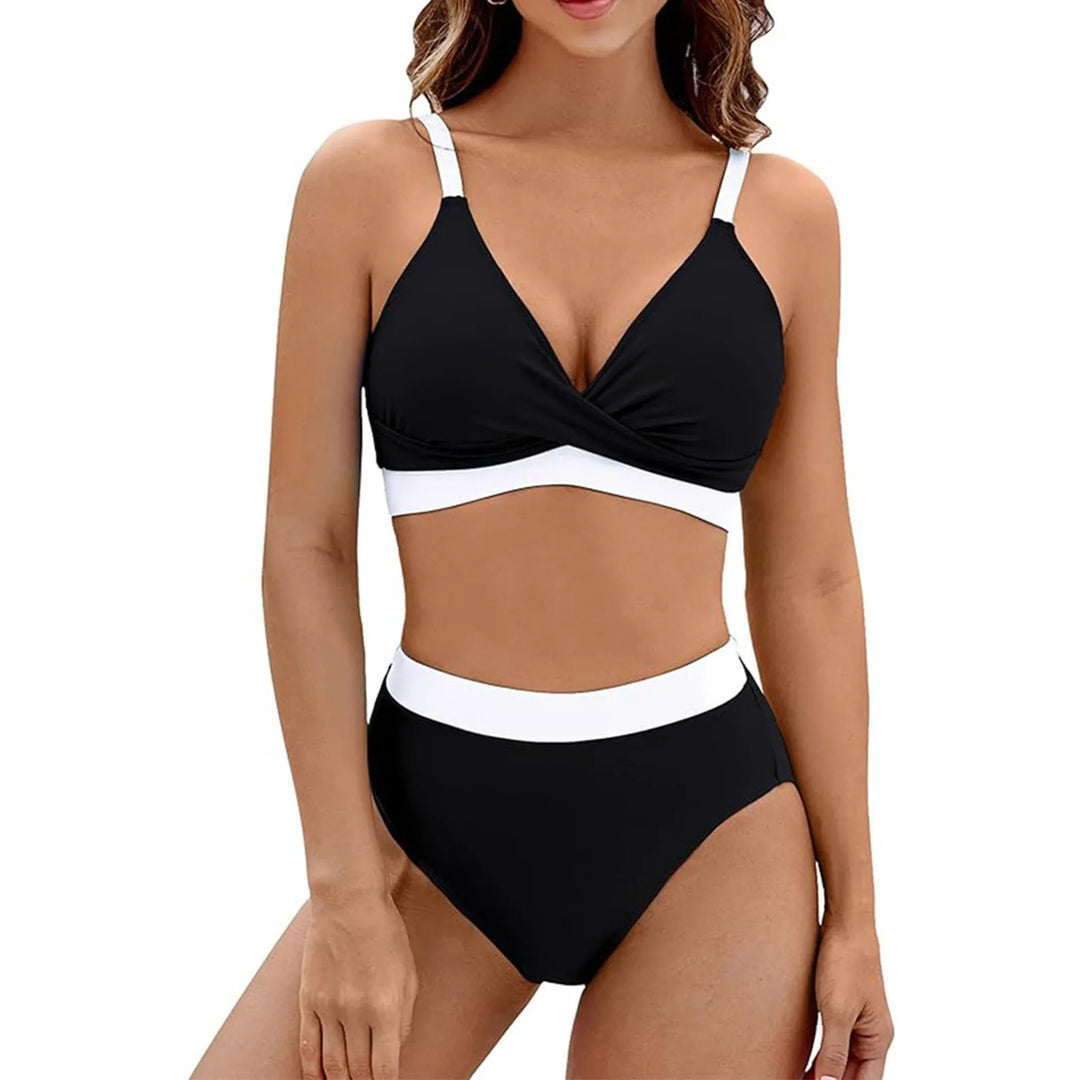 Stylish V-neck bikini for women. High-waist tummy control two-piece swimwear for summer.