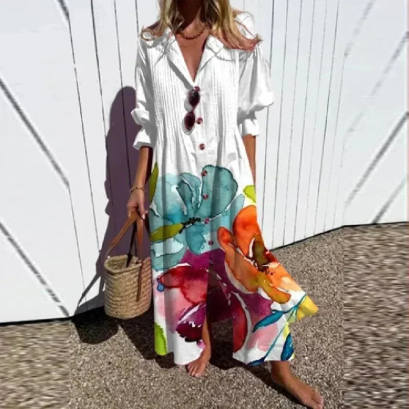 Soft, flowy women's boho maxi dress with a V-neck, comfortable for elegant summer wear, casual outings & holidays.