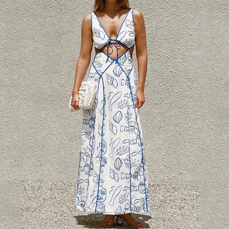 Elegant women's spring maxi dress with a chic open back, perfect for parties or holiday wear.