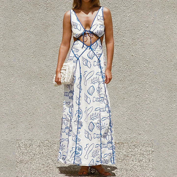 Elegant women's spring maxi dress with a chic open back, perfect for parties or holiday wear.