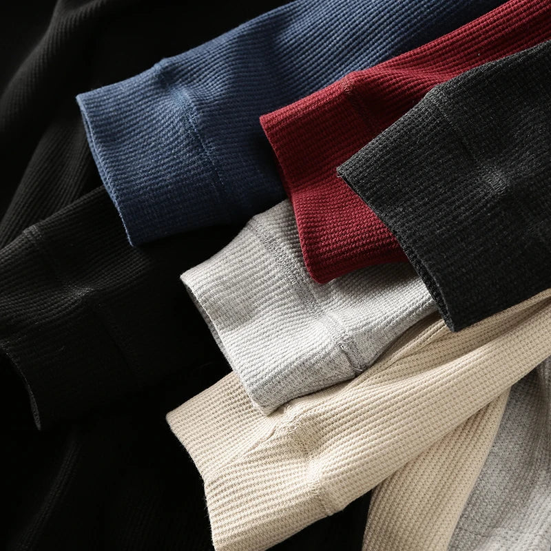 Everyday men's waffle henley, a minimalist and breathable shirt for comfortable style.
