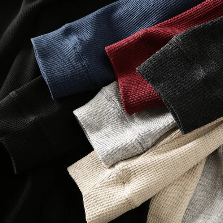 Everyday men's waffle henley, a minimalist and breathable shirt for comfortable style.