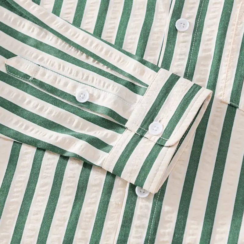 Men's classic long-sleeve striped button-down shirt. Tailored for comfort & modern men's fashion. Versatile wear.