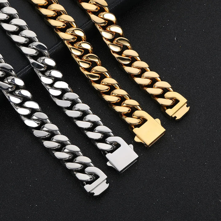 Durable stainless steel men's Cuban link chain, available in gold and silver plated finishes.