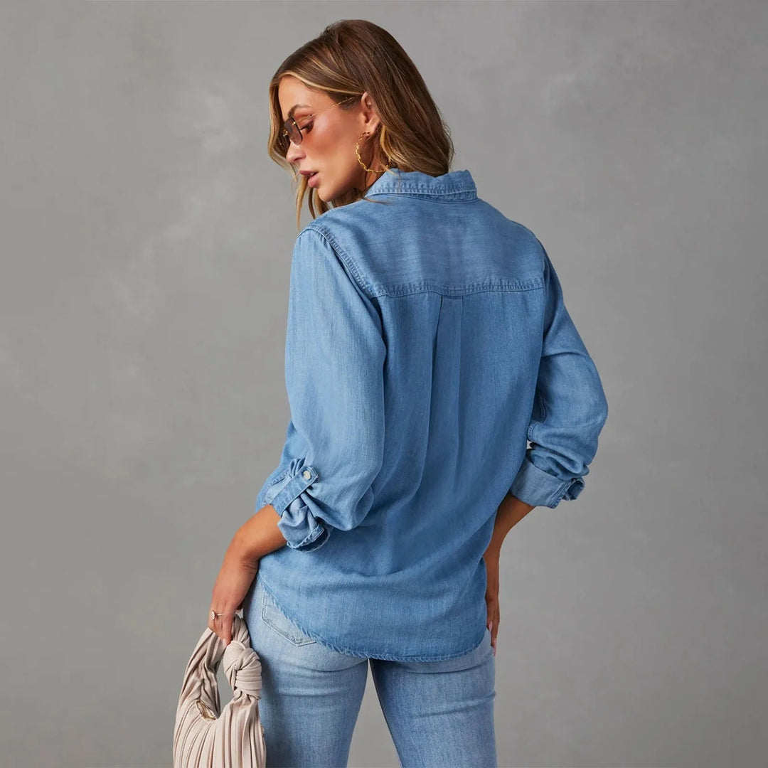Women's everyday light blue button-up shirt with long sleeves. A comfortable and chic casual top.