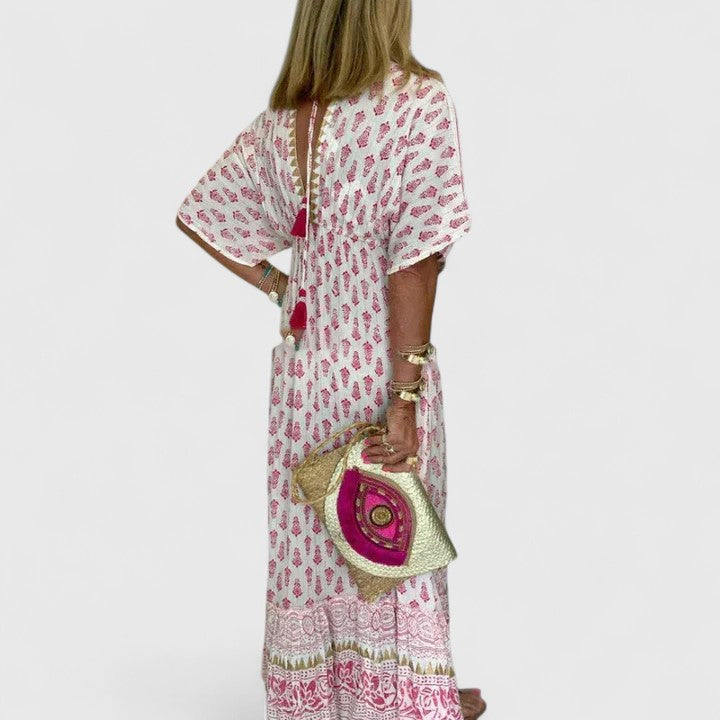 Women's flowy boho print maxi dress for comfortable summer casual wear, beach vacations, or a stylish sundress.