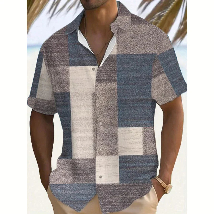 Unique men's vintage patchwork shirt, short sleeve, relaxed fit. Colorful summer casual button-up.