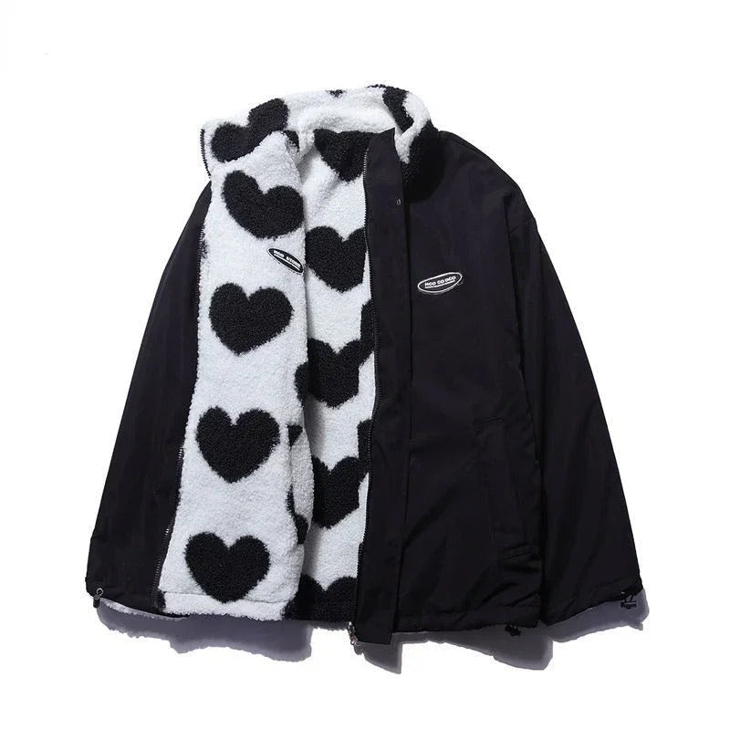 Lightweight women's reversible jacket, cozy with a stylish heart design. Ideal spring/fall outerwear.
