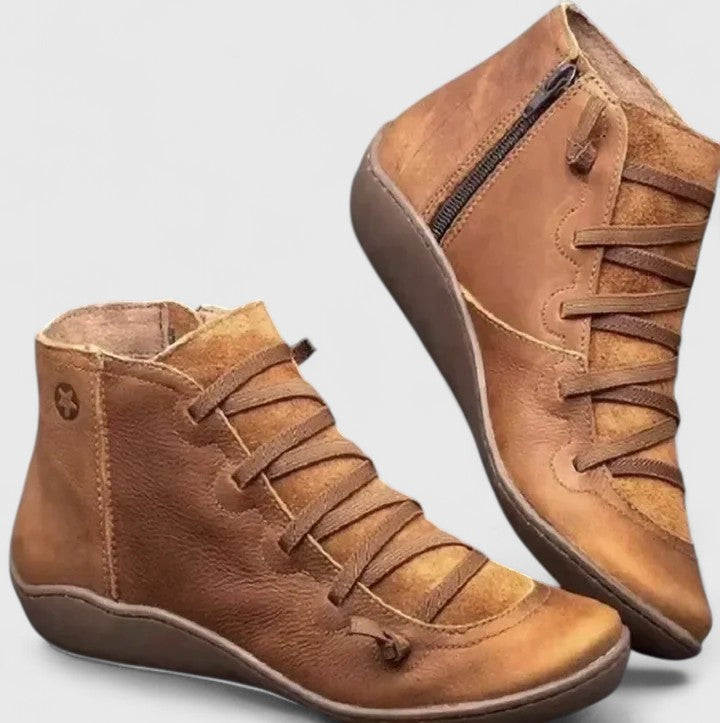 Women's orthopaedic ankle boots in brown, providing all-day comfort, arch support & pain relief for everyday wear.