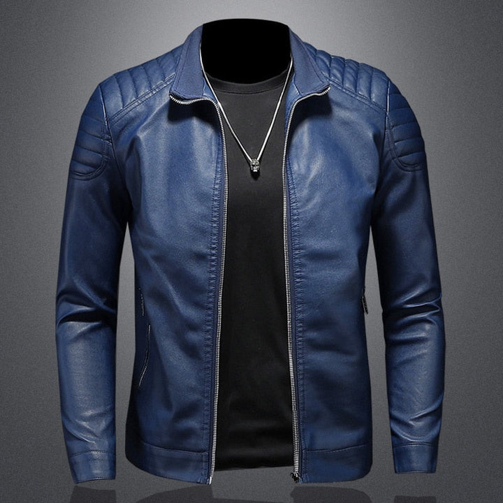 Men's slim-fit black biker jacket with quilted shoulders, ideal for a modern casual urban fashion look.