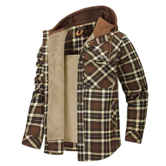 Classic red & black plaid men's hooded shacket, soft flannel shirt jacket. Ideal for casual warmth.