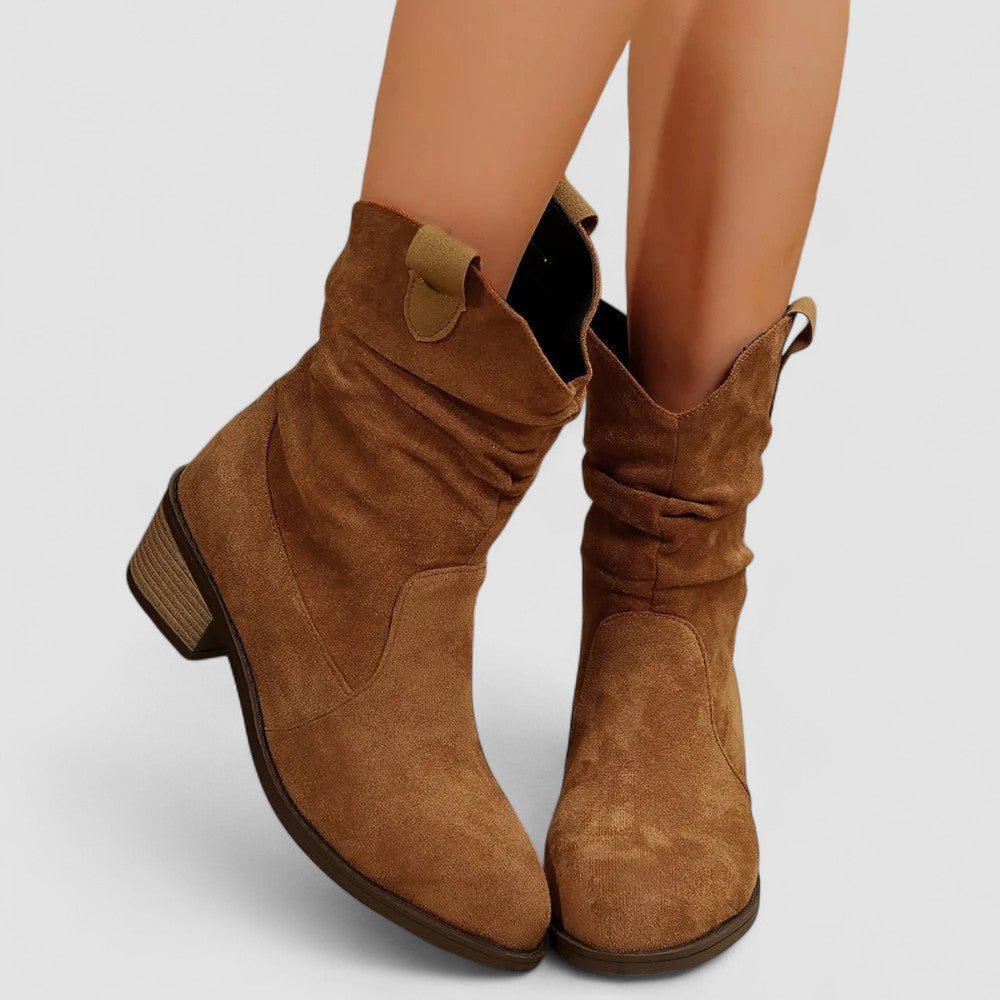 Elegant women's mid-calf boots, a sophisticated choice with pull tabs, low block heel, and rounded toe.