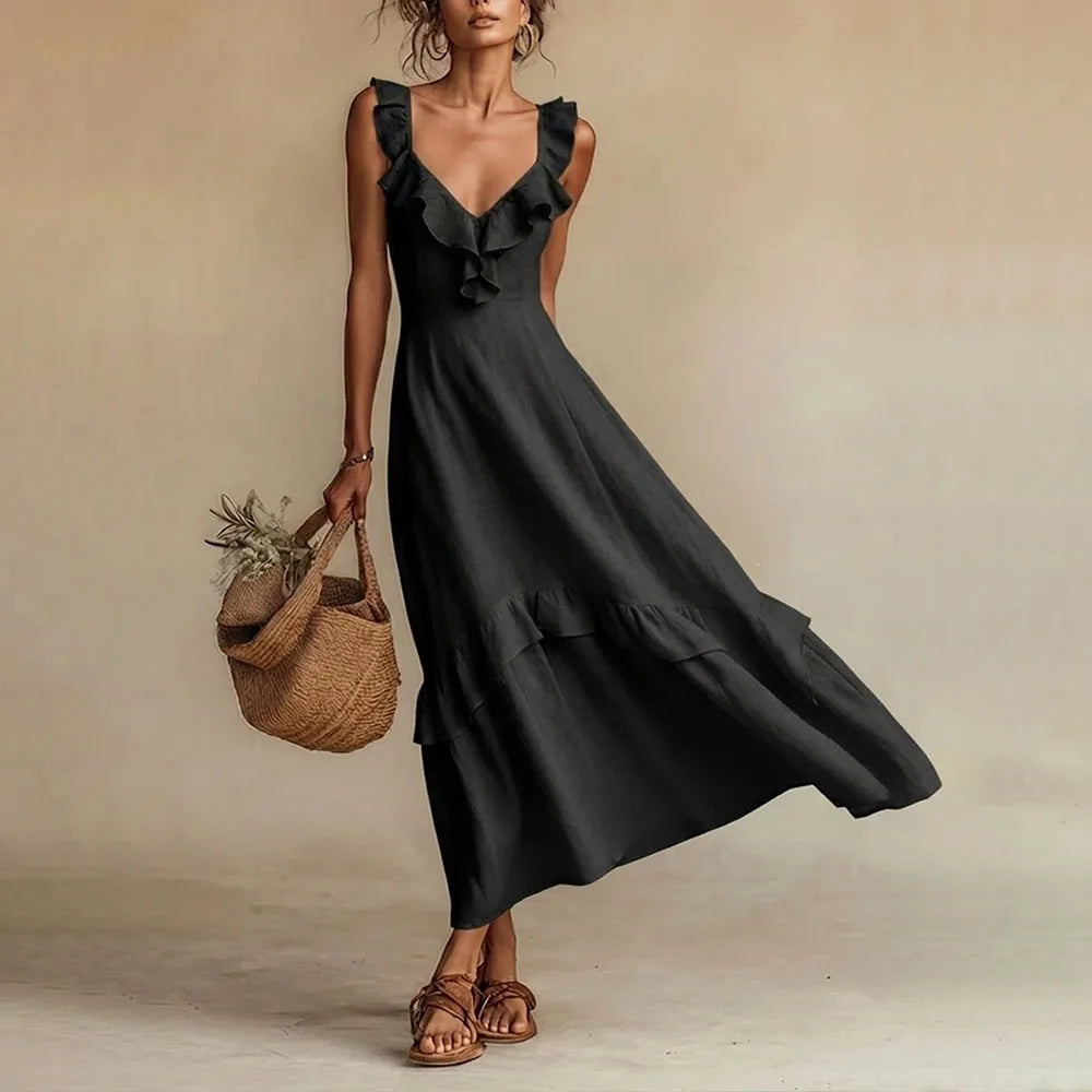 Elegant casual women's A-line maxi dress with ruffle trim, V-neck, and flowy tiered hem. Perfect for summer.