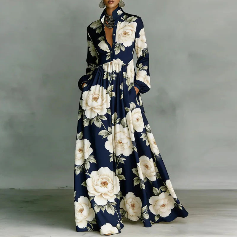 Women's floral button-front maxi dress, perfect for summer casual or elegant occasions.