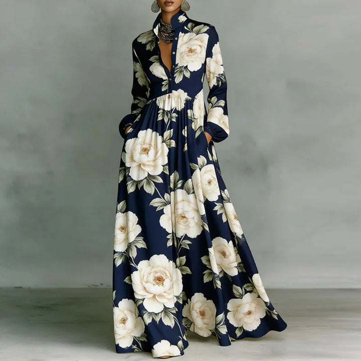 Women's floral button-front maxi dress, perfect for summer casual or elegant occasions.