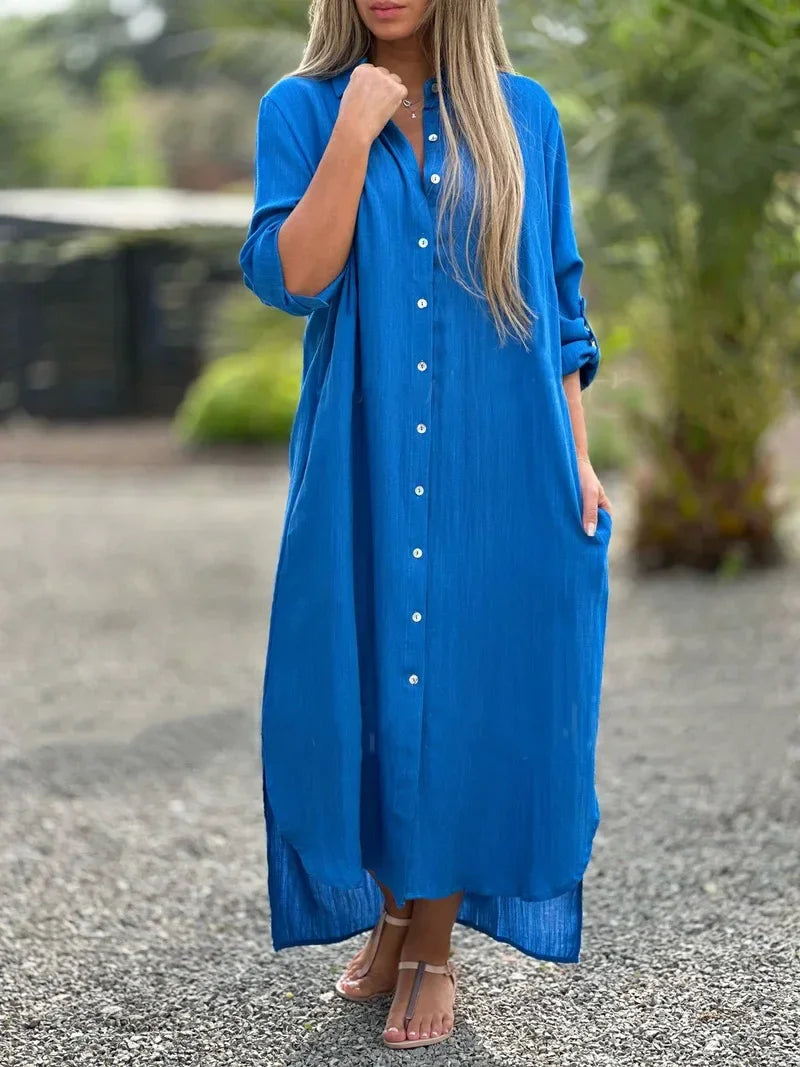 Versatile women's flowy summer maxi dress. Elegant for beach, vacation, or dressy casual occasions.