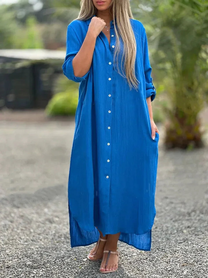 Versatile women's flowy summer maxi dress. Elegant for beach, vacation, or dressy casual occasions.
