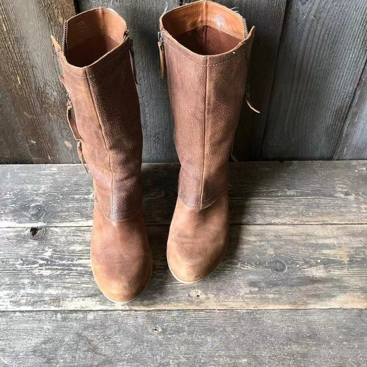 Chic mid-calf women's boots in brown with a practical side zip & comfortable block heel. Perfect for fall fashion.